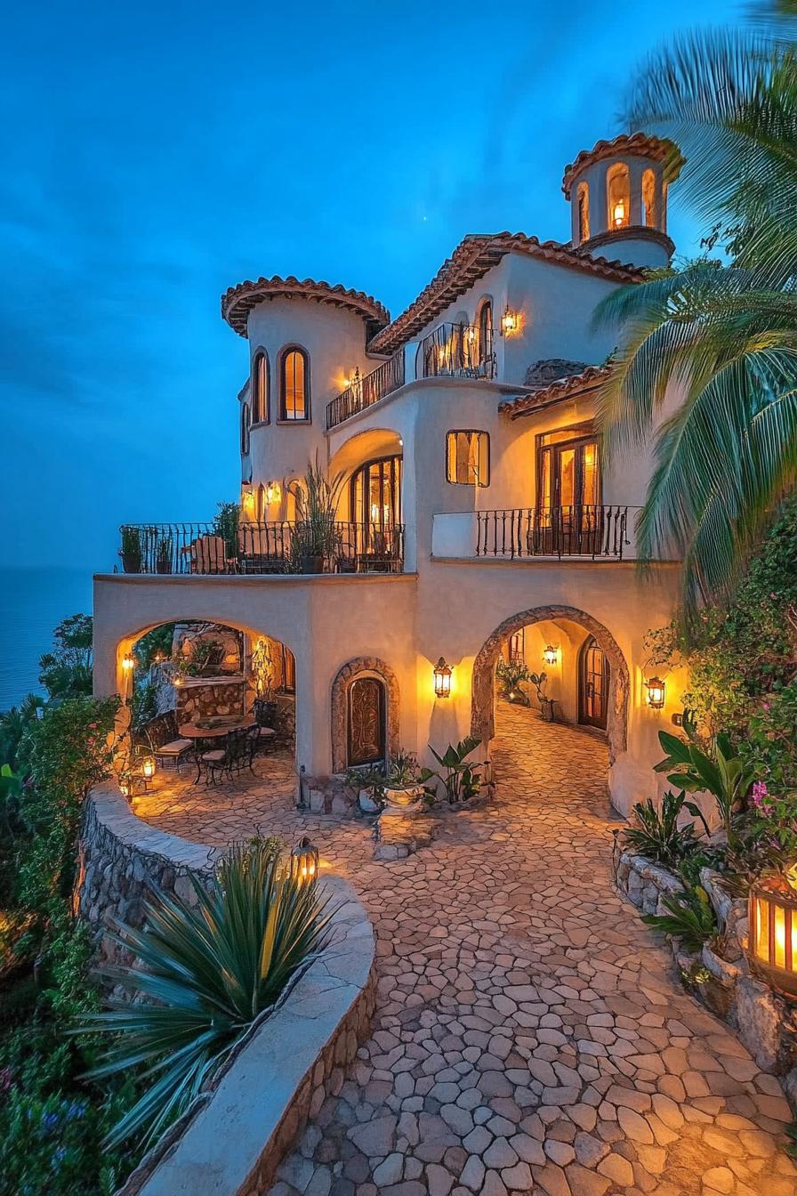 Elegant Mediterranean-style house with arched entryway and stone pathway