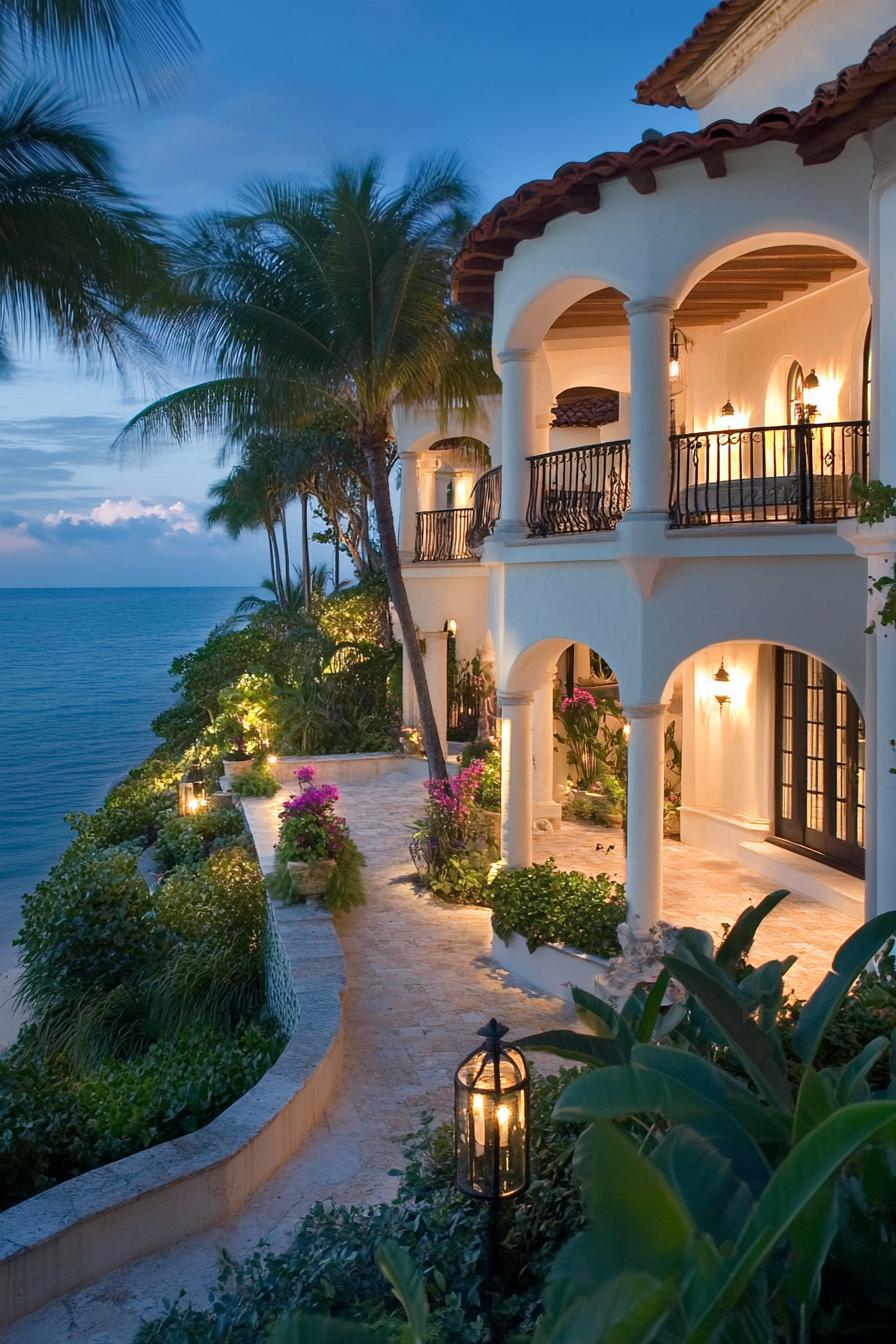 Elegant beachfront mansion with lush gardens and dramatic ocean views