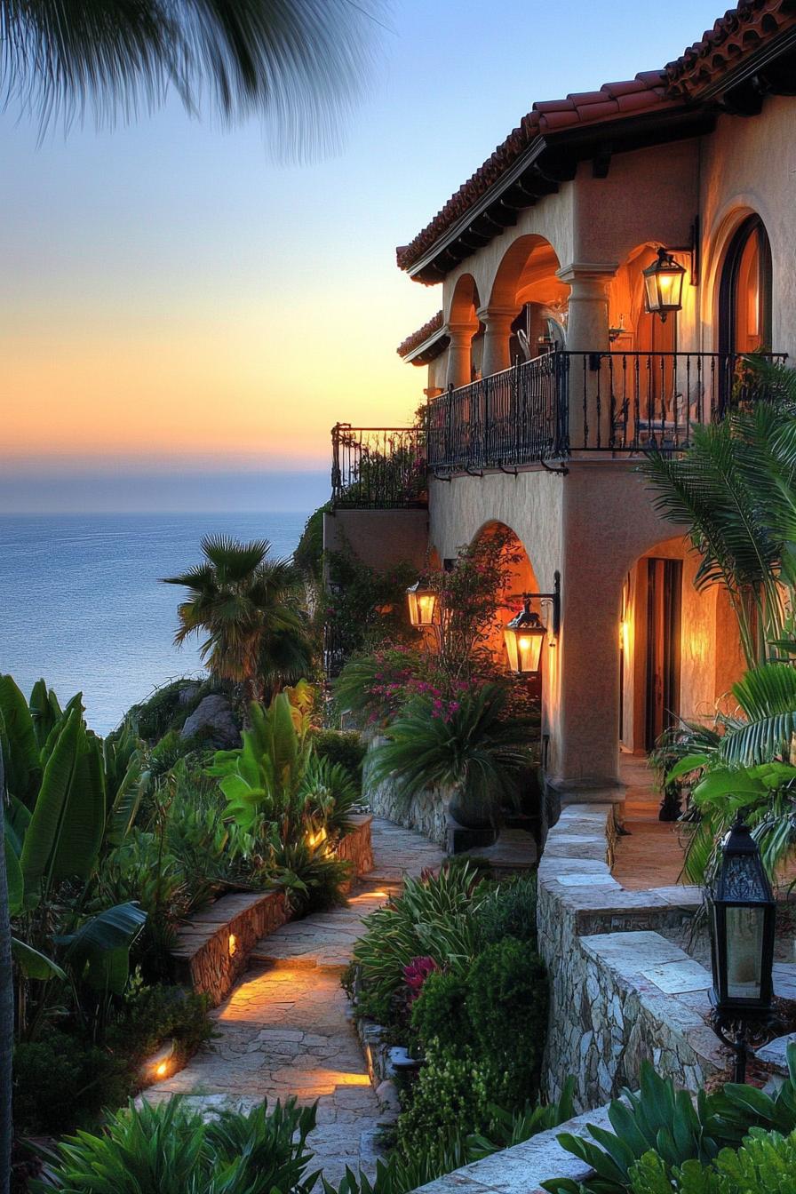 Elegant villa with ocean view at sunset