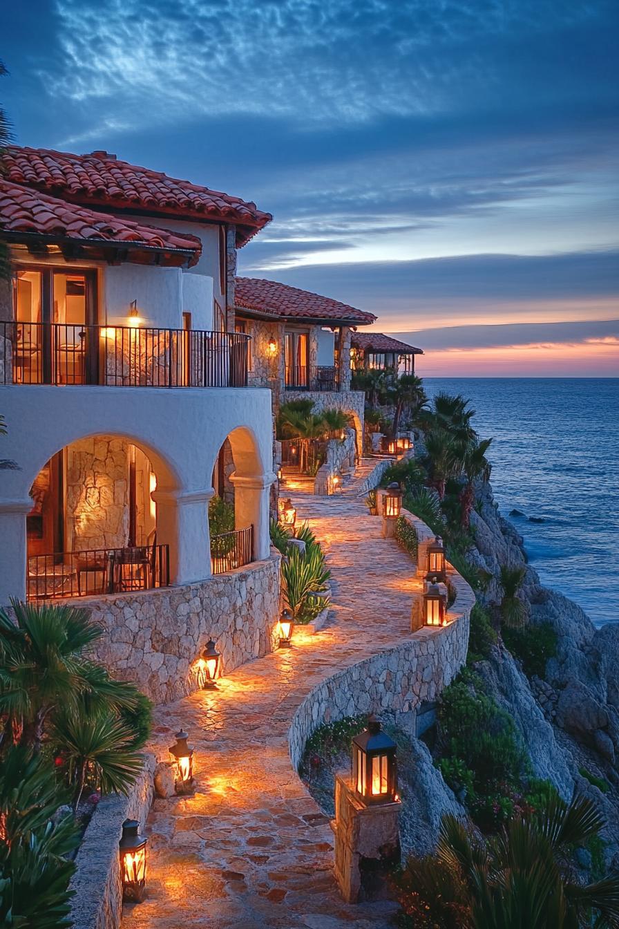 Ocean view villa with winding path and lanterns