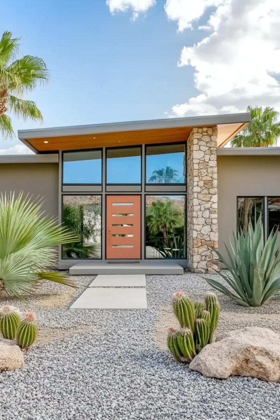 Mid-century modern house with stone features and desert landscaping