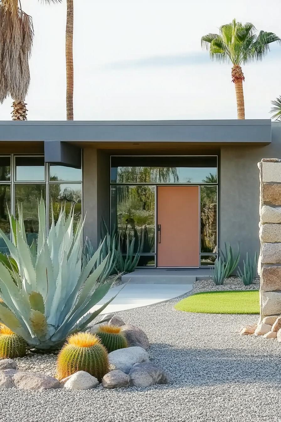 Front view of a mid-century modern house with cacti in the yard