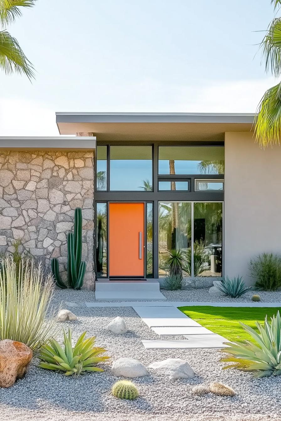 Mid-century house with bright orange door and desert landscaping