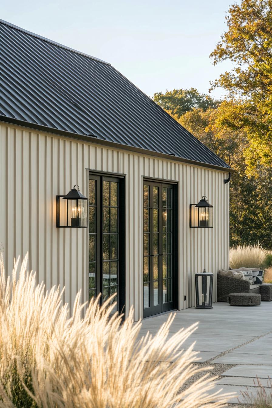 Side view of a modern farmhouse with a corrugated metal roof