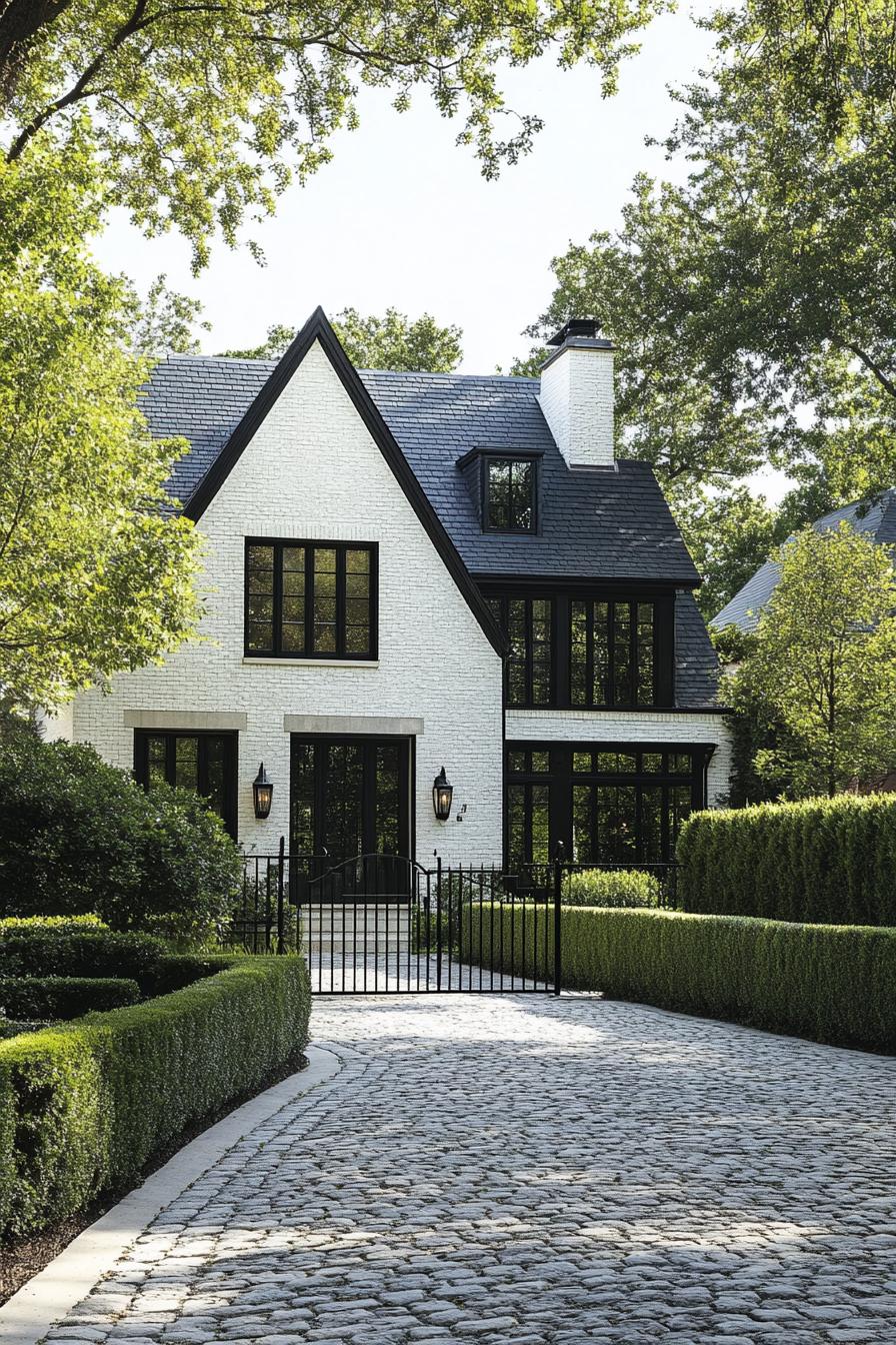 Modern Tudor house with lush greenery and a cobblestone path