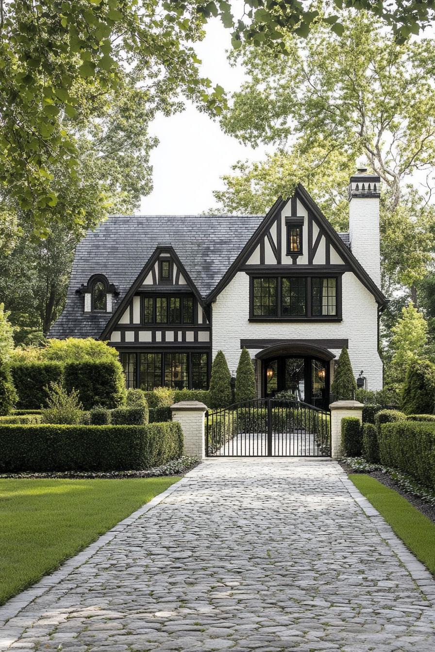 Modern Tudor house with lush garden and cobblestone path