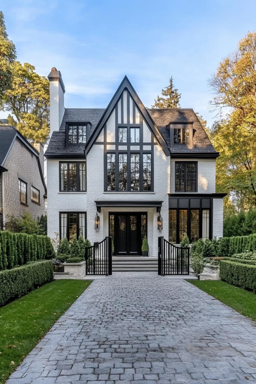 A modern Tudor house with a black and white facade