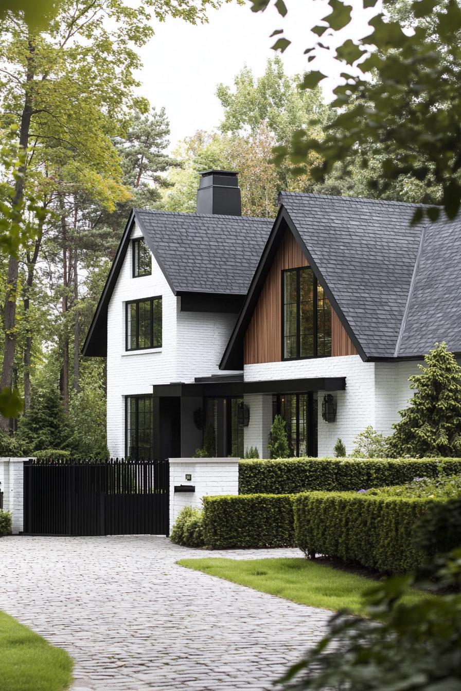 Cozy Tudor house with black accents and lush greenery