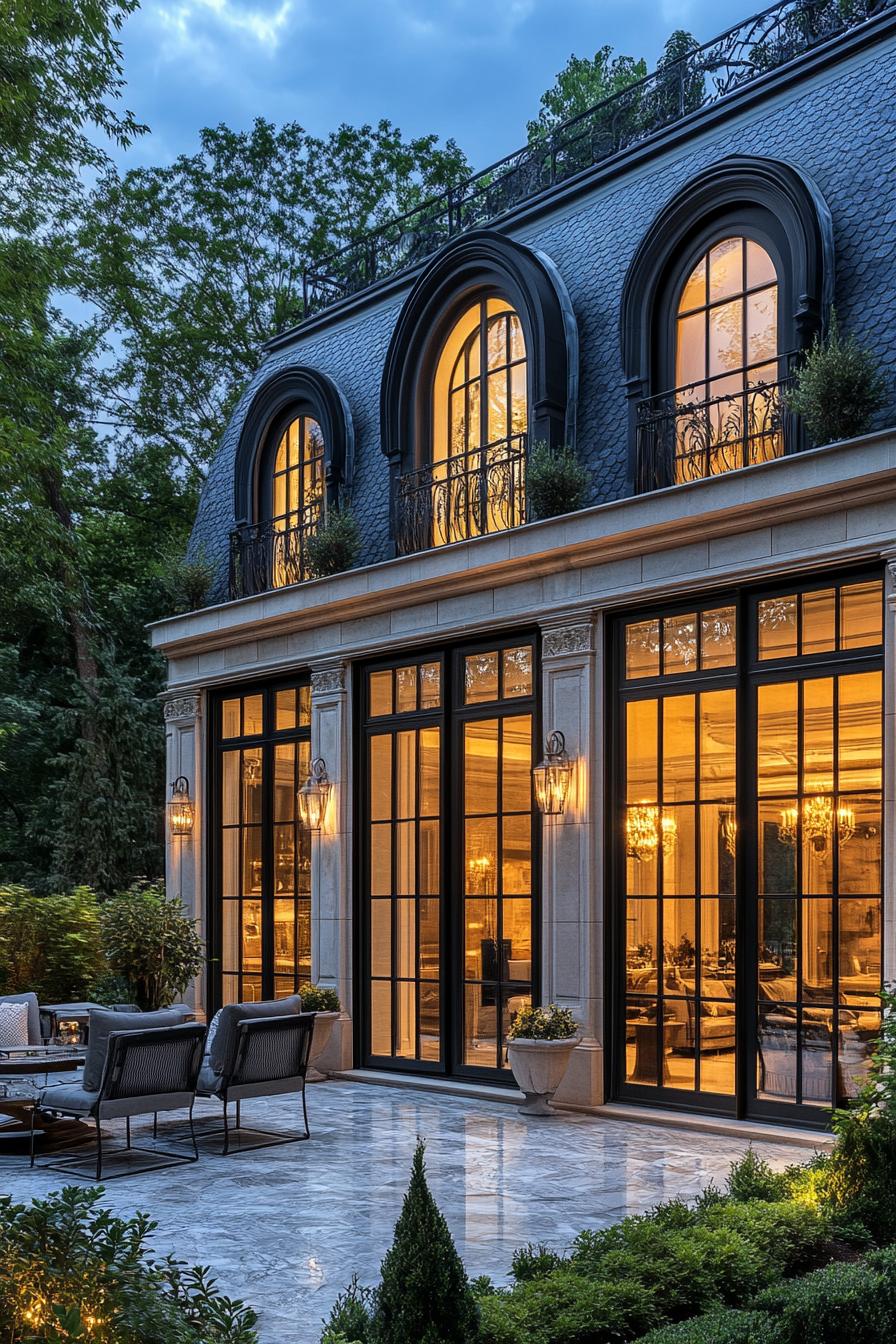 Mansion exterior with large arched windows and elegant lighting