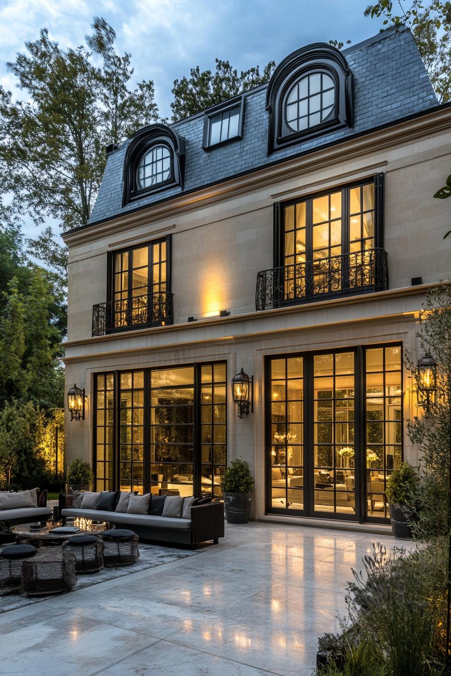 Elegant mansion exterior with large lit windows