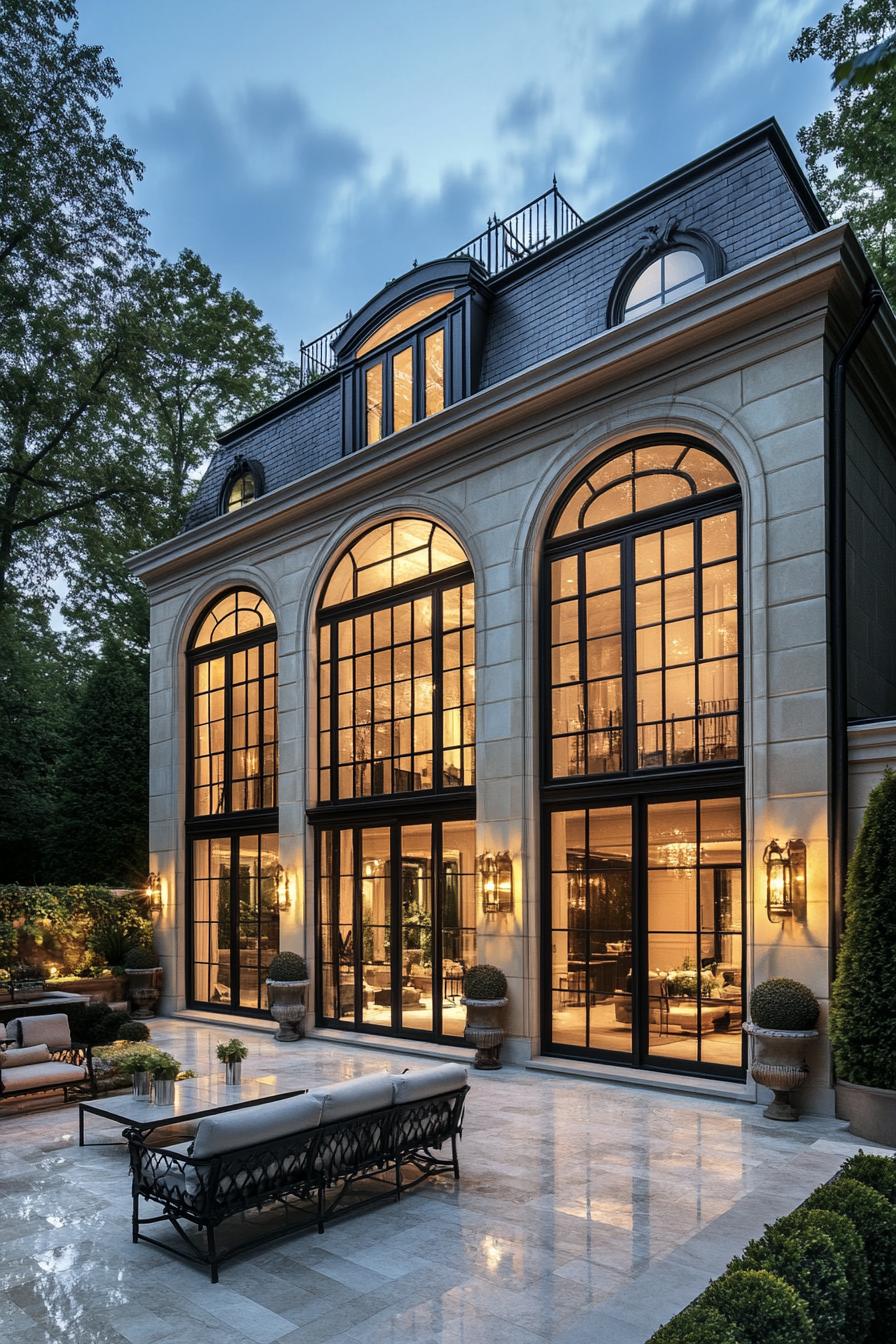 Luxurious mansion with large arched windows glowing warmly