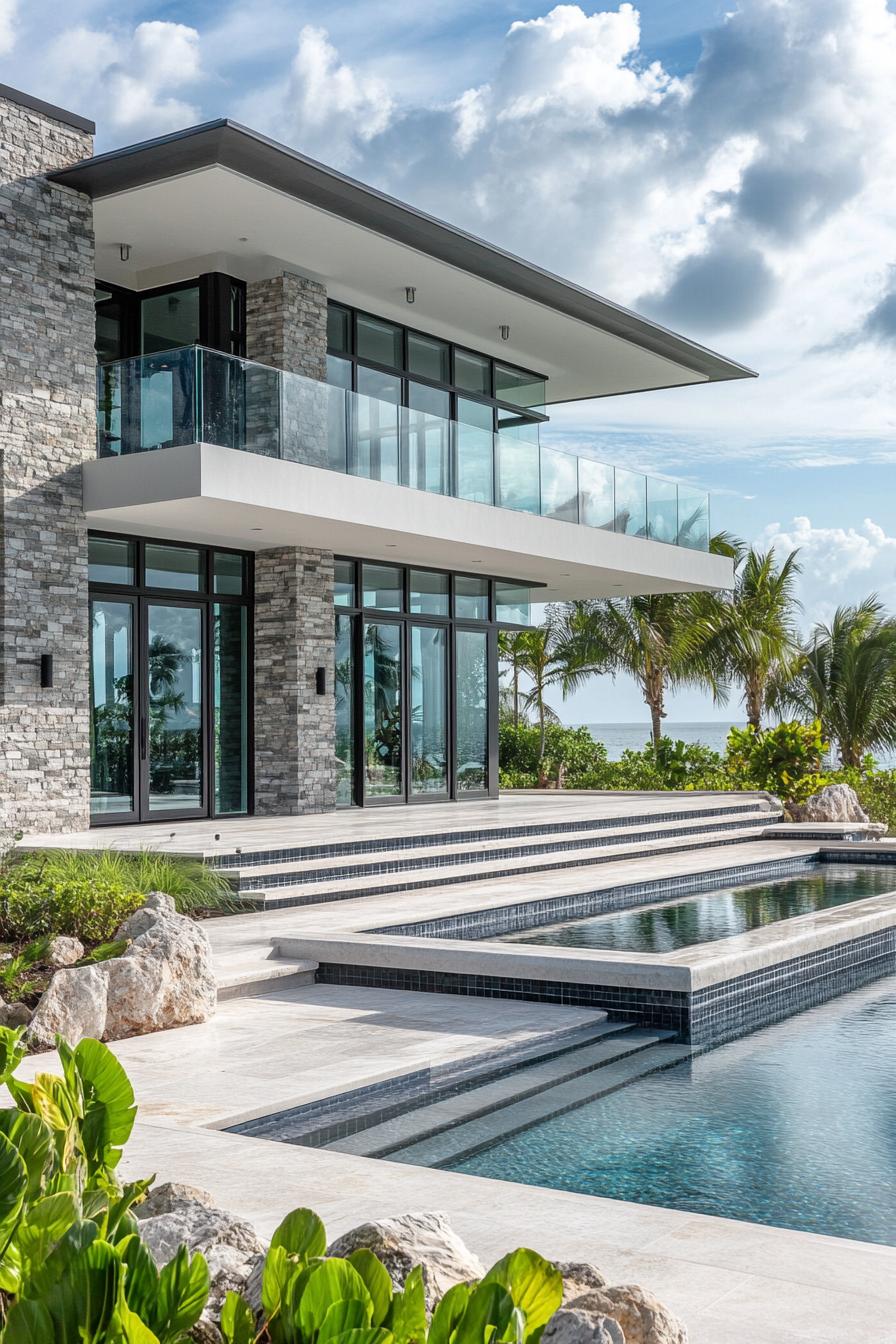 Modern house with glass walls, surrounded by greenery and a pool