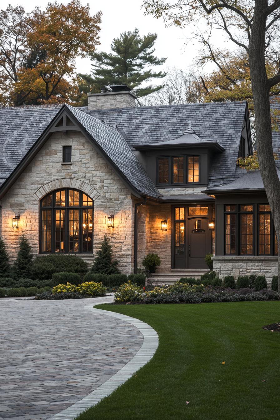 Stone house with large arched windows and a cozy path