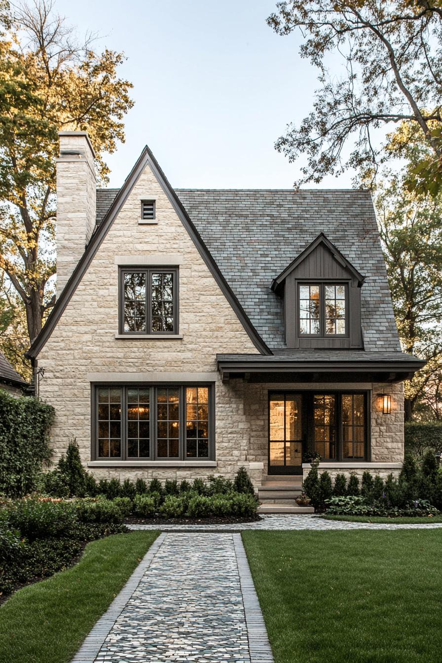 Stone house with gabled roof and lush greenery