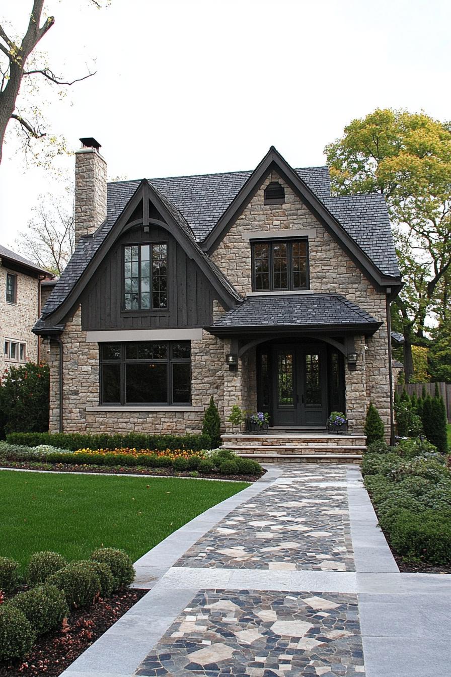 Classic stone house with gabled roof and charming walkway