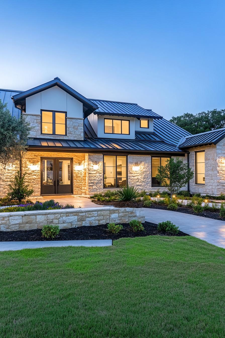 Modern house with stone façade at twilight