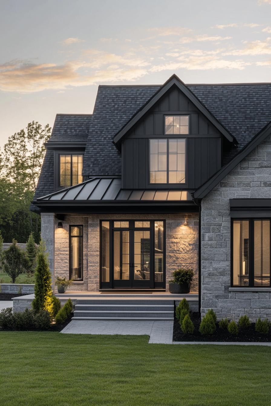 Modern house with gable roof and stone exterior