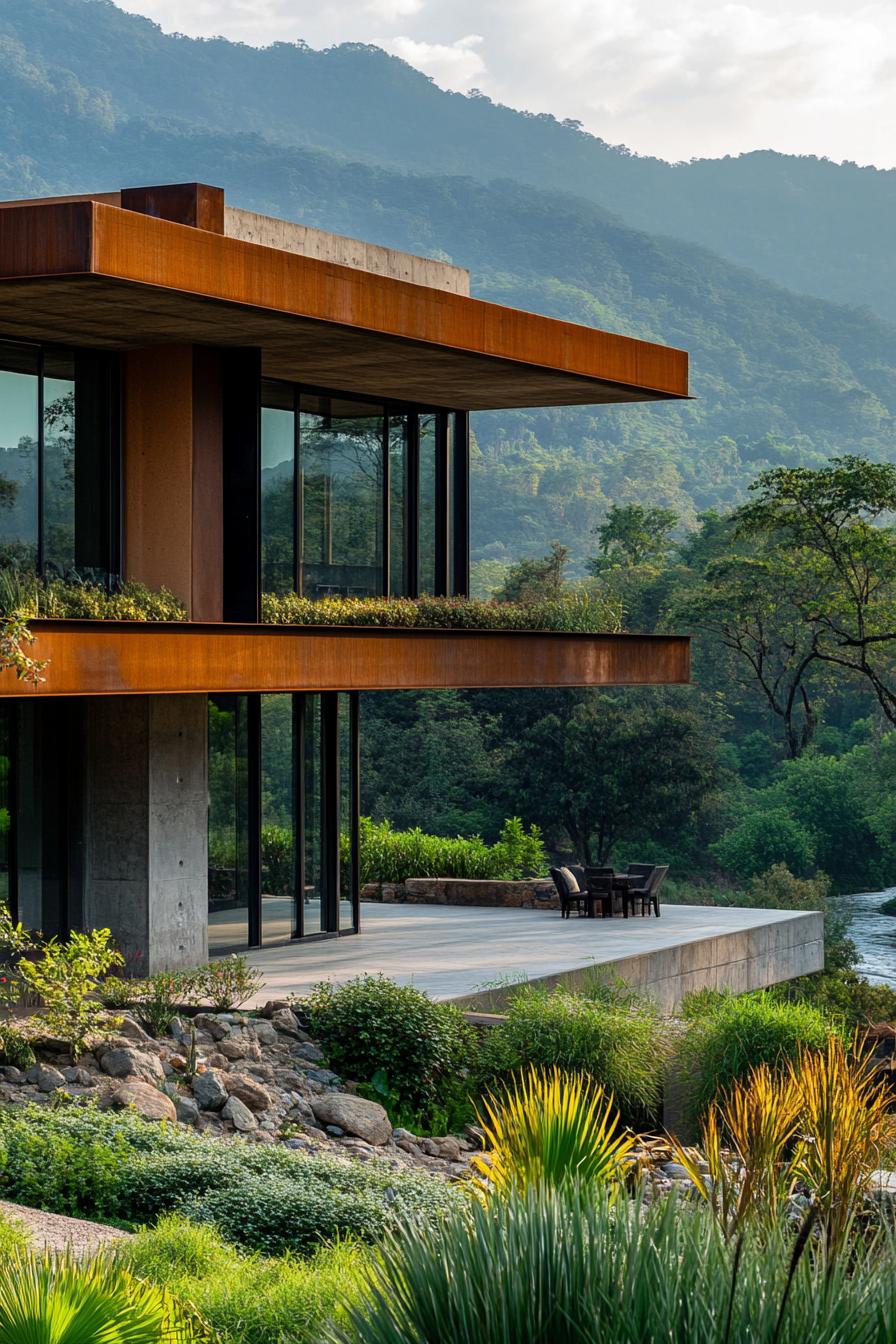 Flat roof house with lush greenery and mountain backdrop