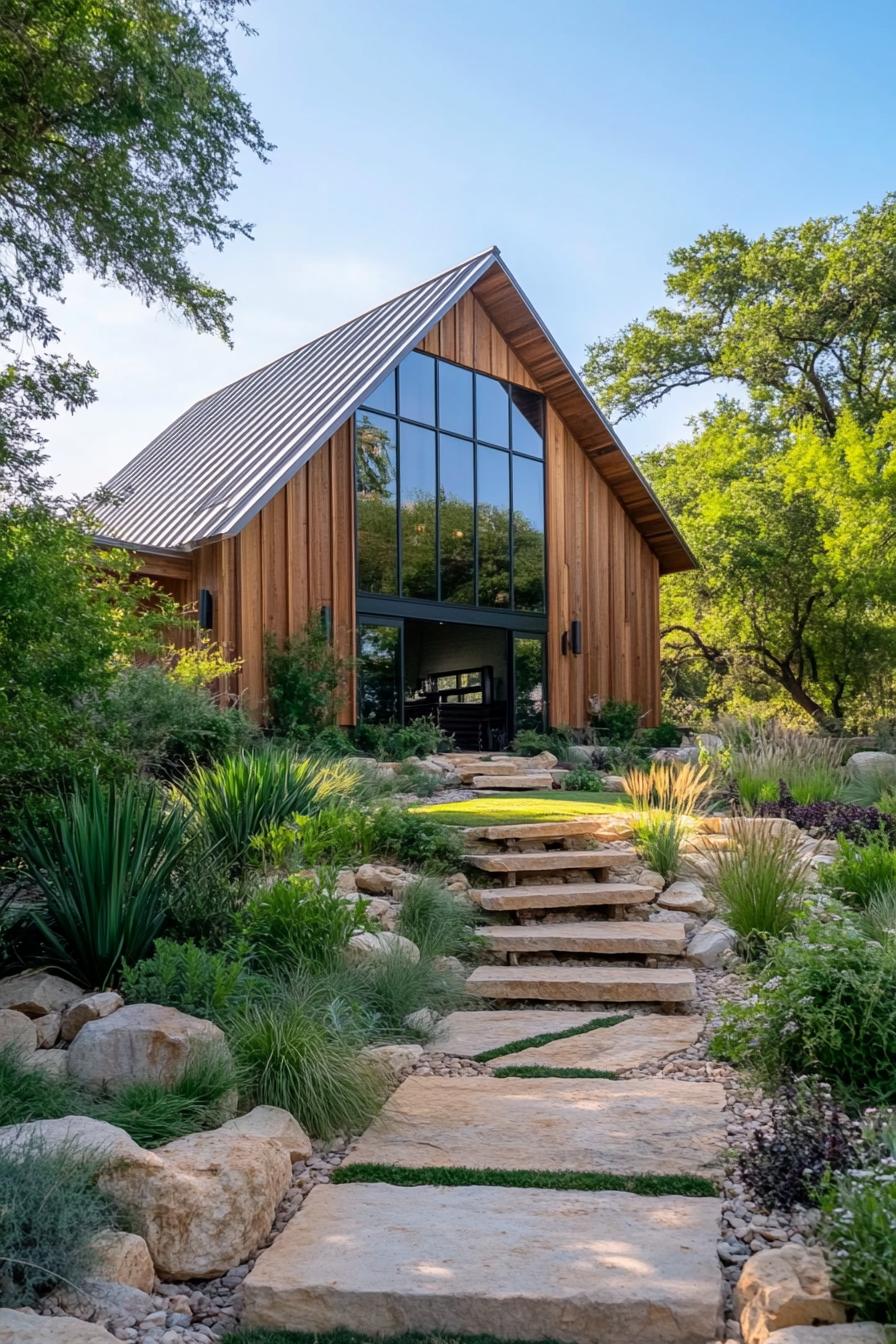 Wood-paneled barndominium with large glass windows