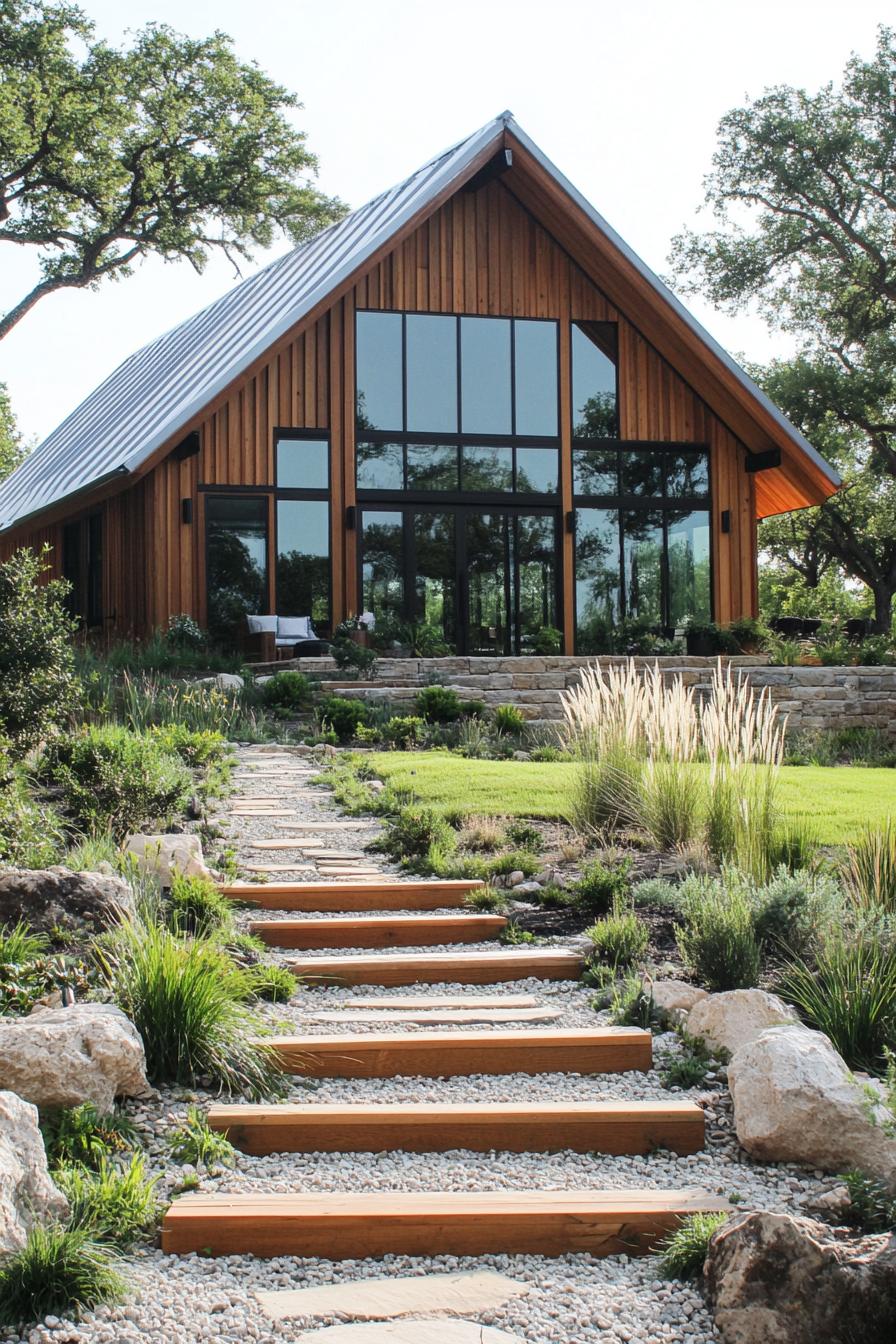 Rustic wooden house with large windows and landscaped garden