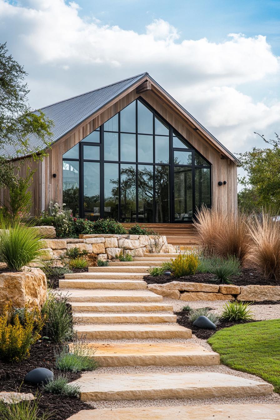 Wooden barndominium with large glass windows and stone pathway