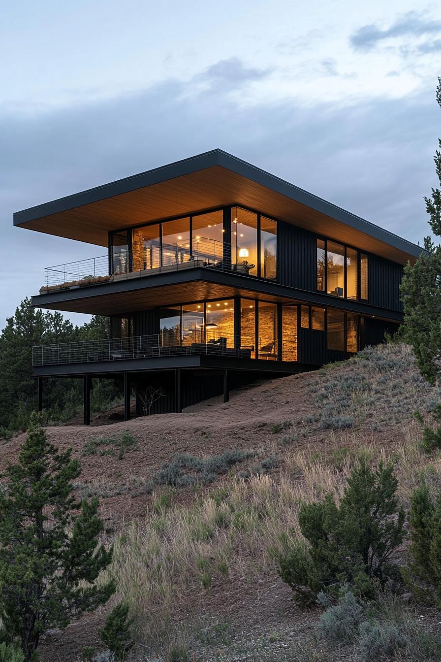 Modern house on a hill with large windows and glowing lights