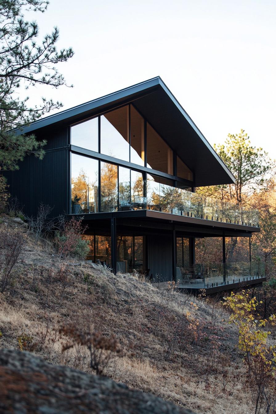 Modern house perched on a steep hill with large windows