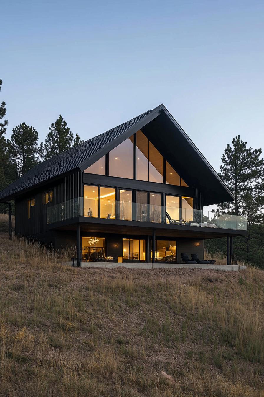 Modern house perched on a steep hill at twilight