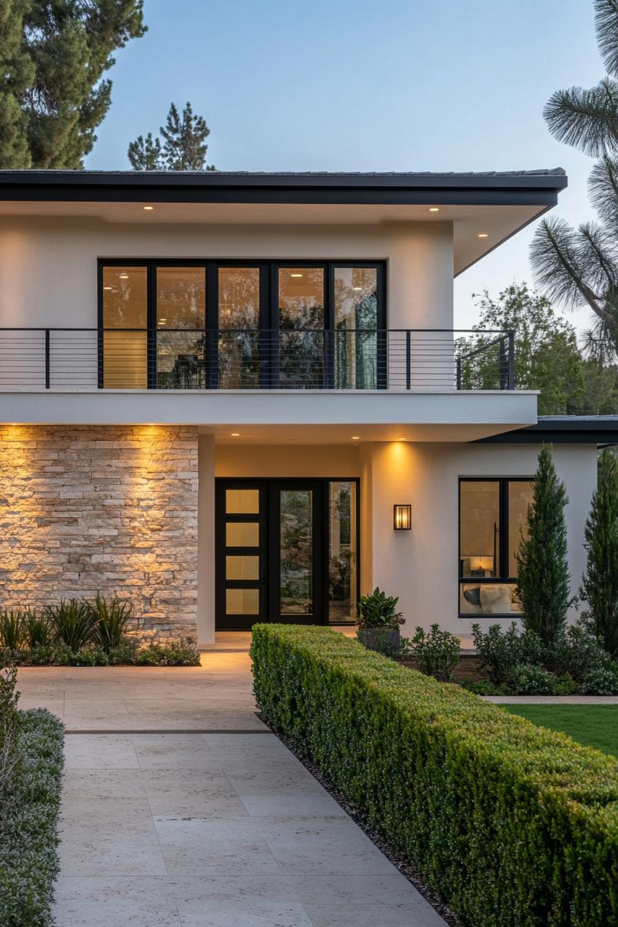 A sleek two-story house with large windows, surrounded by lush greenery