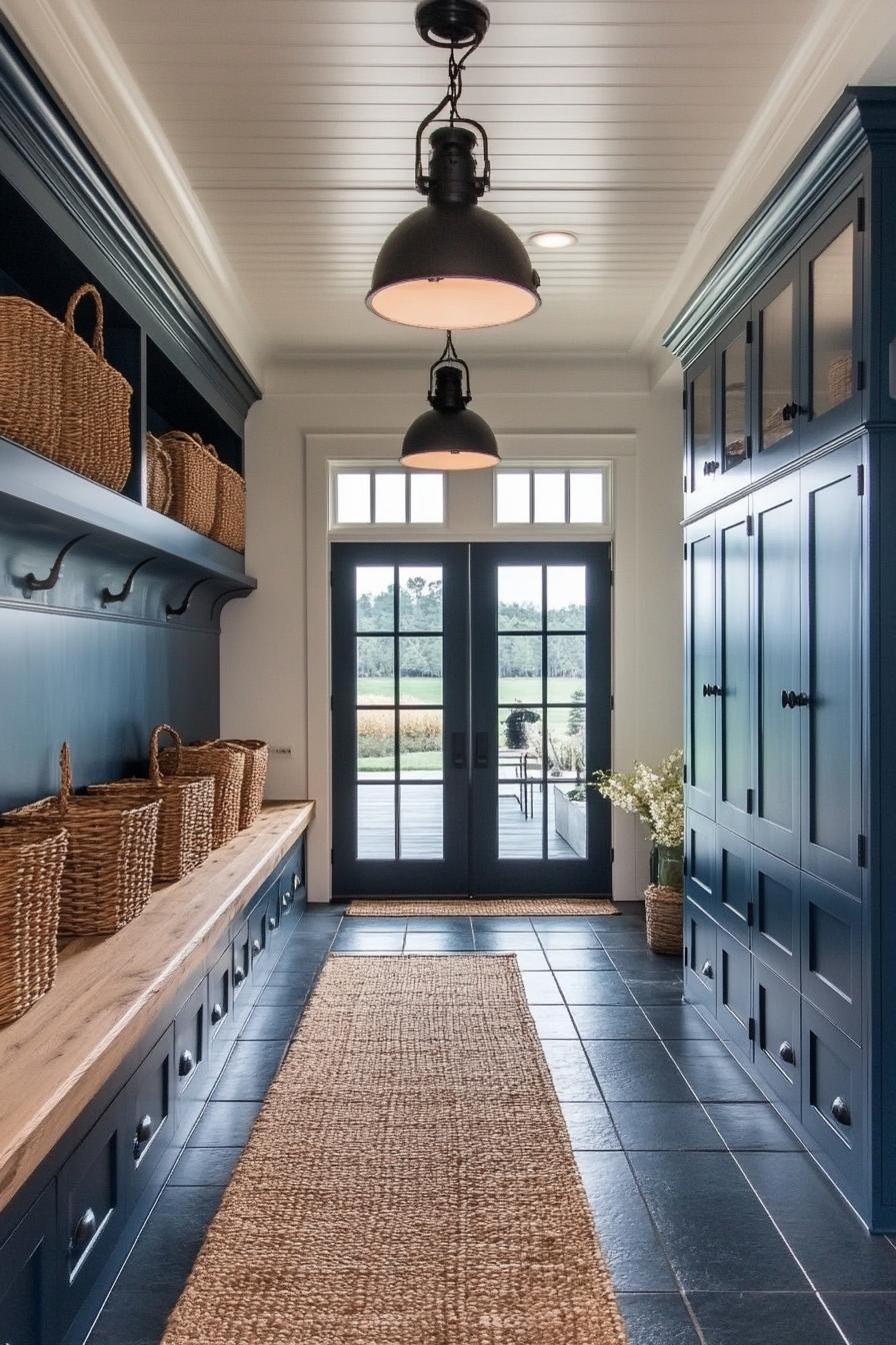 Bright mudroom with navy cabinets and woven baskets