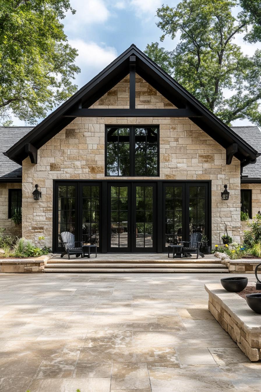 Modern stone barn with large black-framed windows and lush surroundings