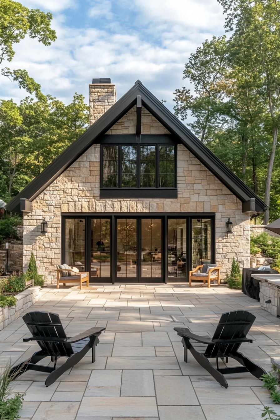 Modern stone barn with patio and glass doors