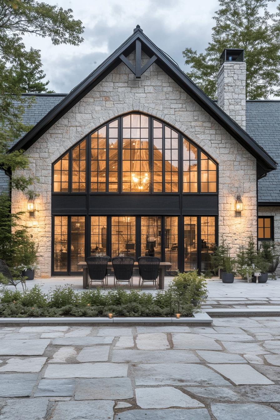 Modern stone barn with large arched windows and glowing interior