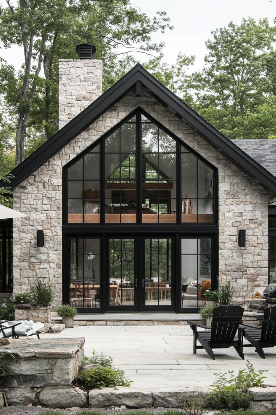 Modern stone barn with large glass windows and lush surroundings