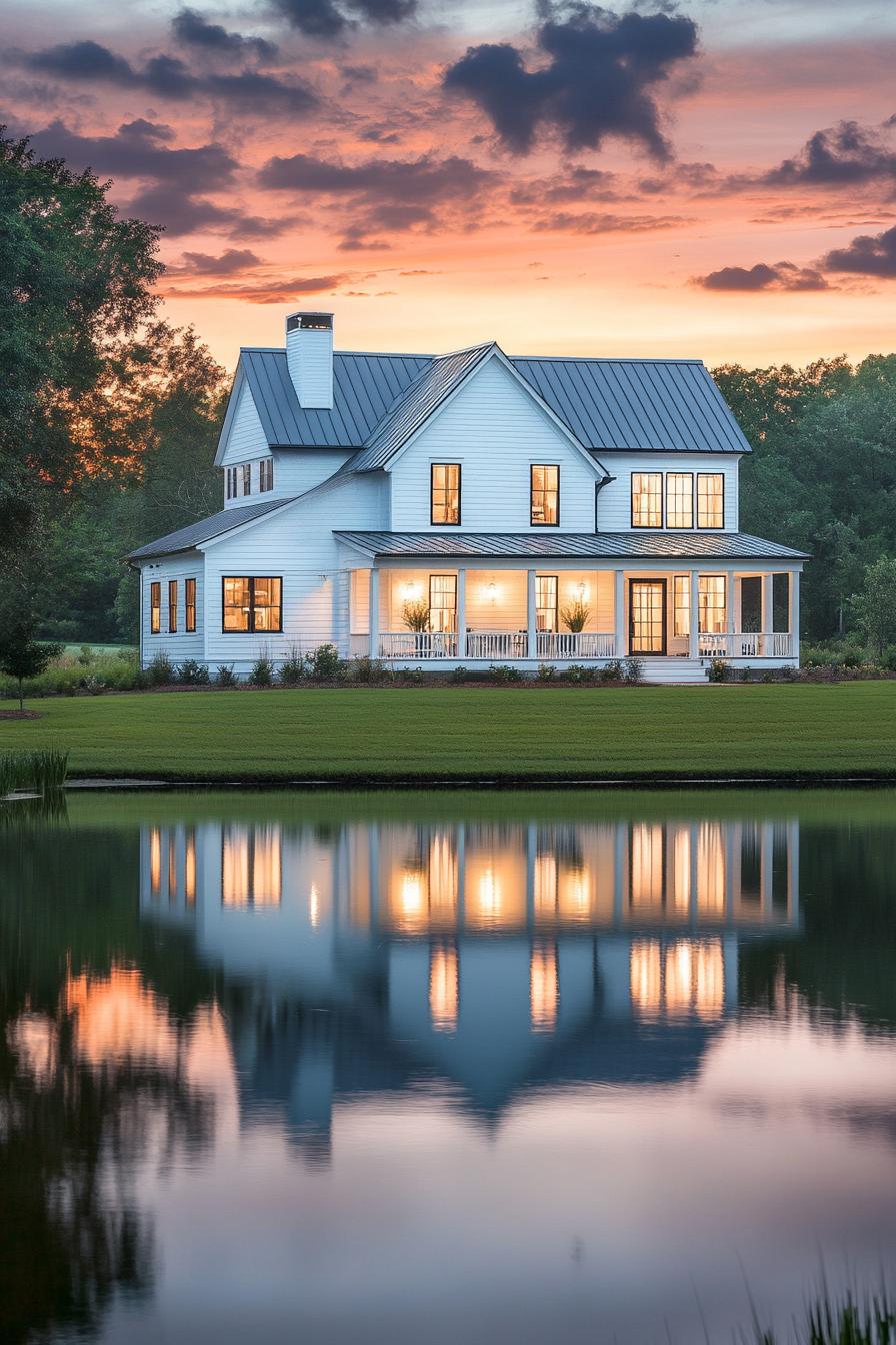 Modern farmhouse with a sunset reflection over a lake