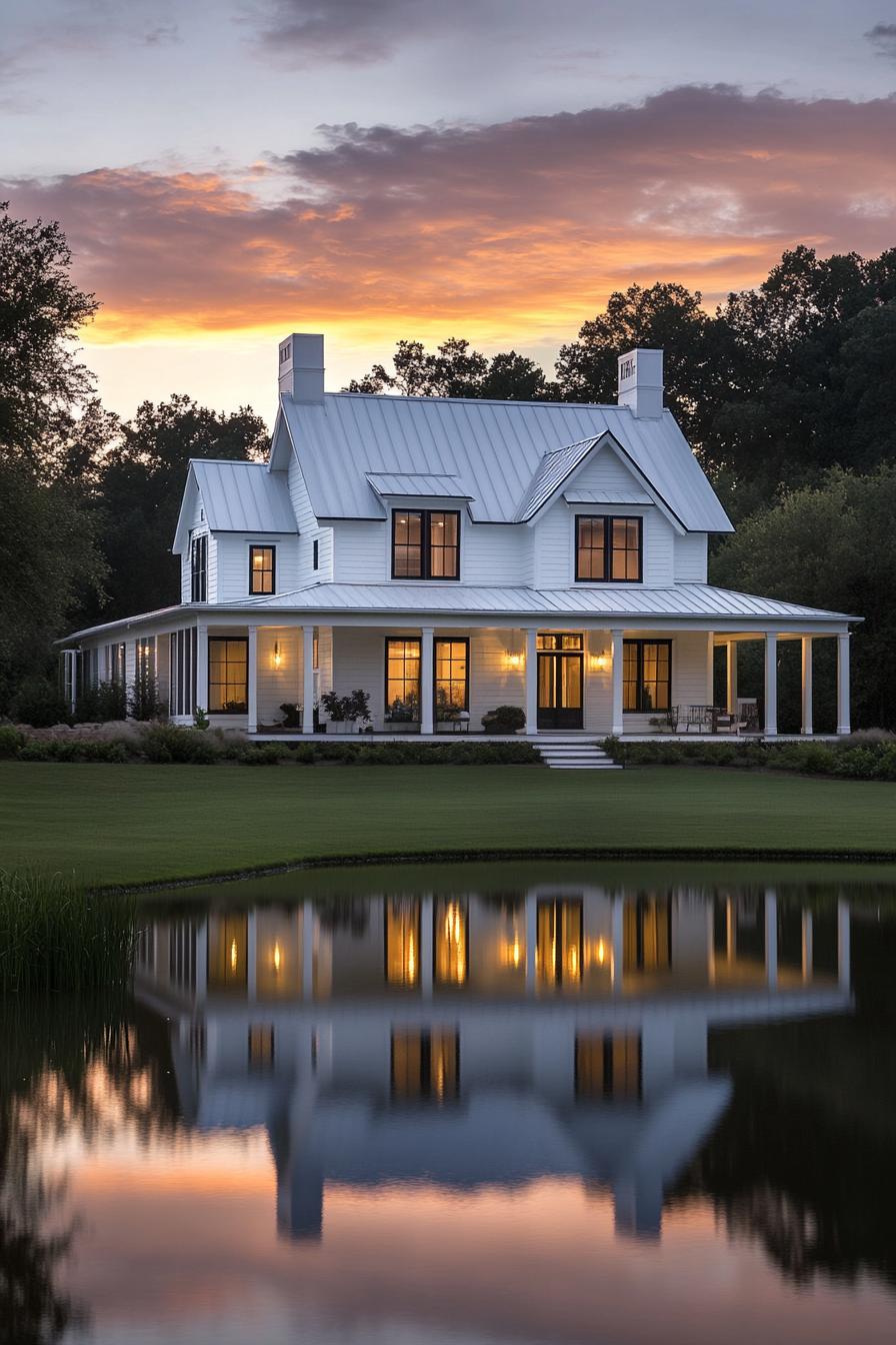 Quaint farmhouse with wraparound porch at dusk