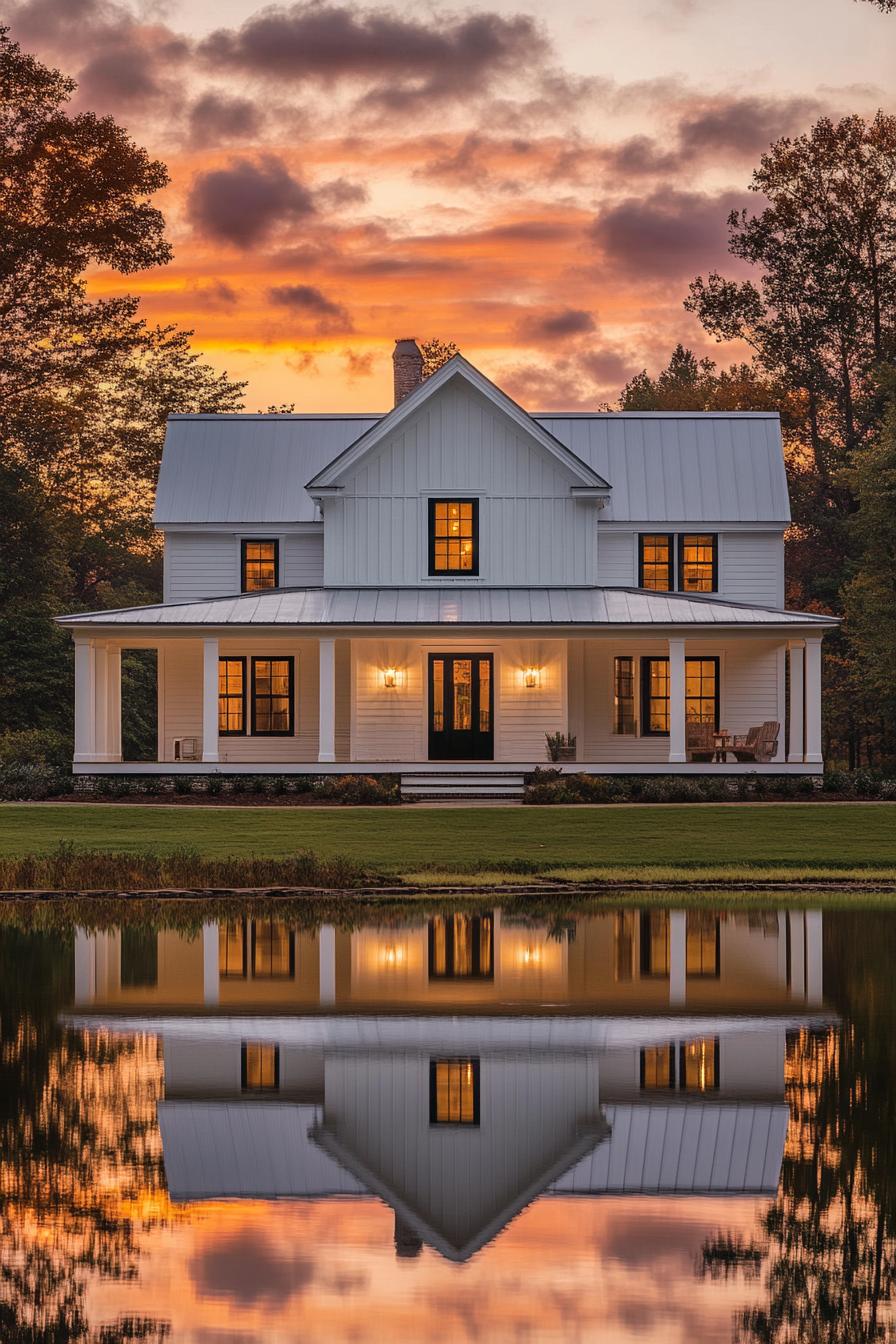 Modern farmhouse with sunset reflection on a pond