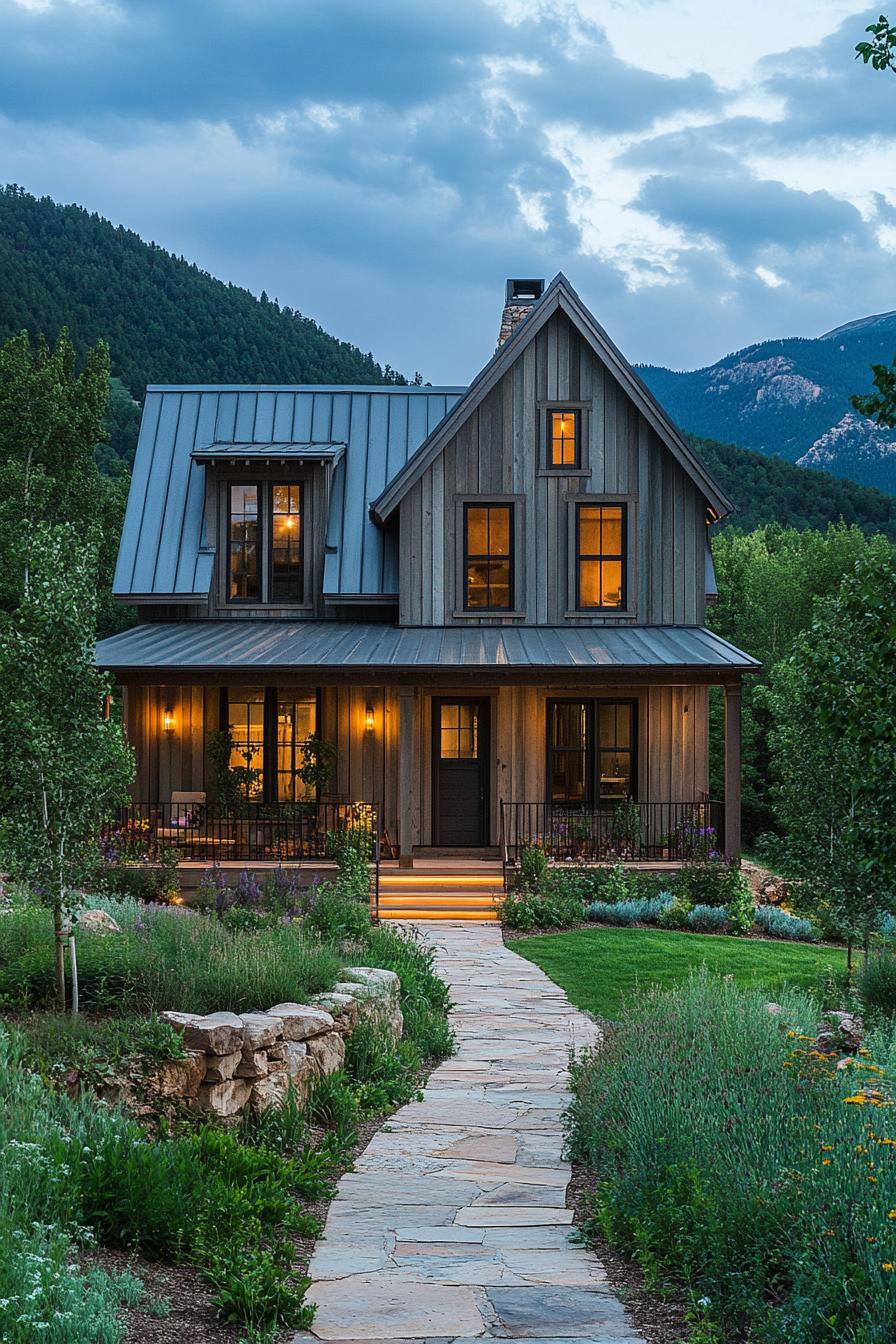 Cozy wooden house with metal roof nestled in the mountains