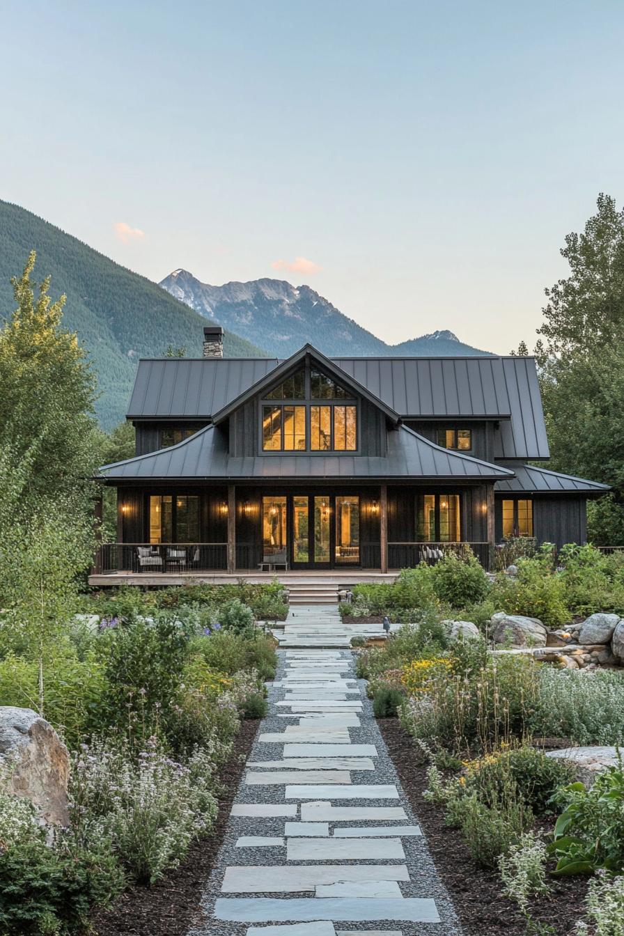 Charming wooden farmhouse with mountain backdrop