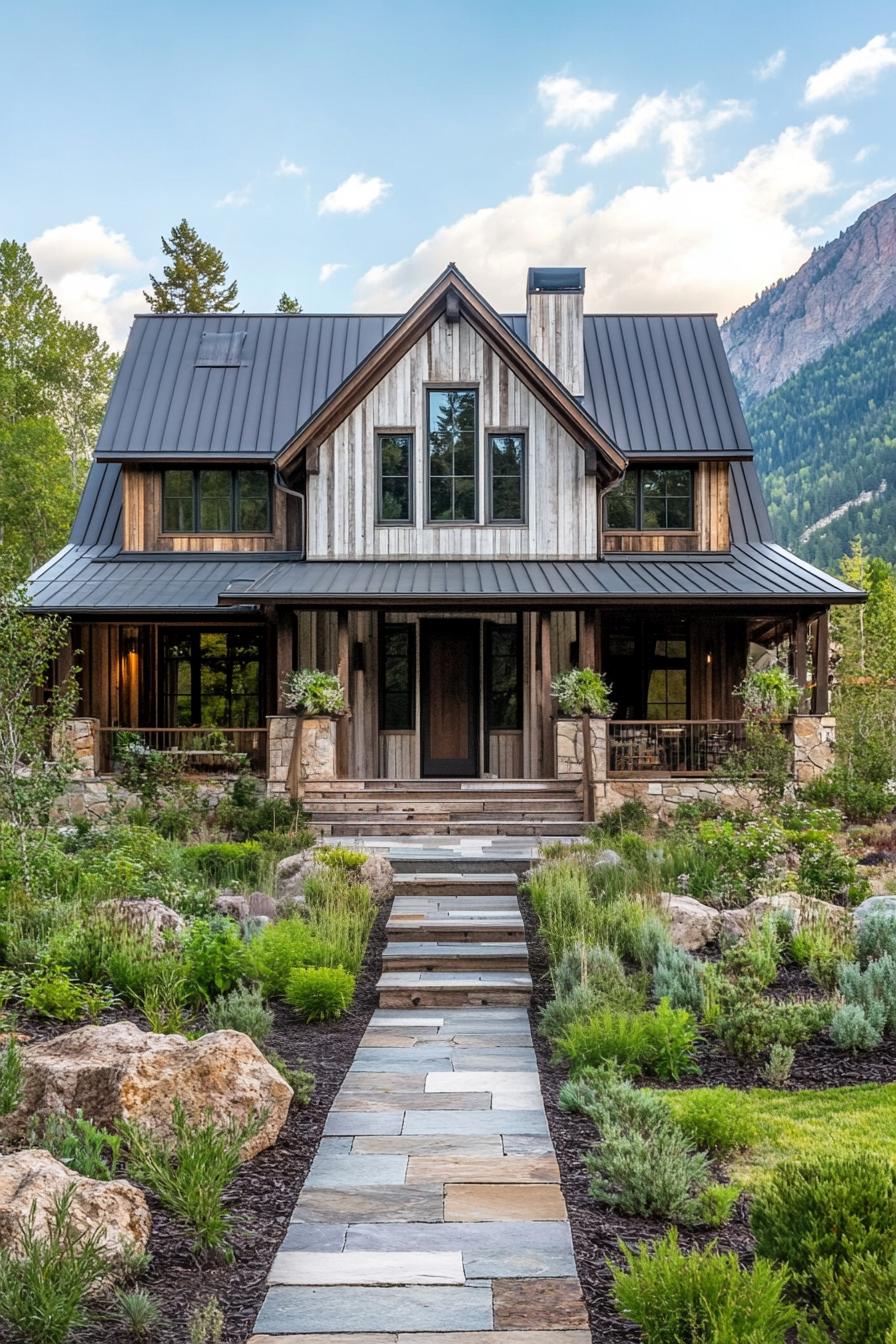 Charming farmhouse with a stone pathway and lush greenery