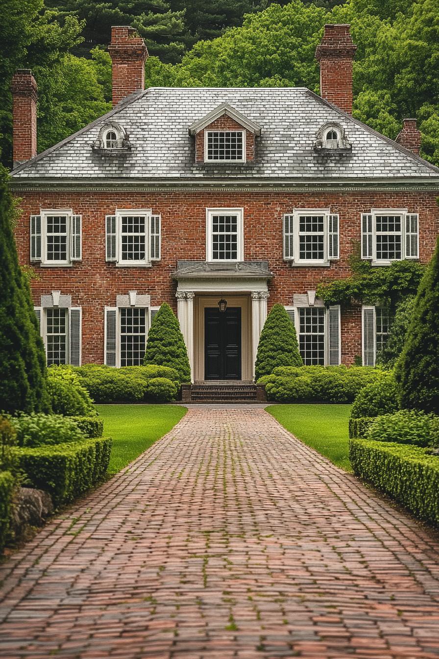 Old mansion with brick pathway in serene setting