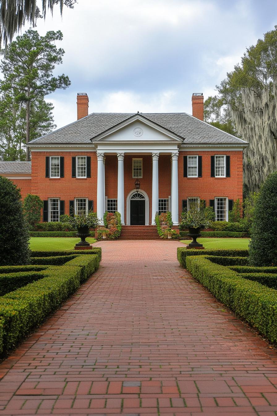 A stately mansion with tall pillars and manicured gardens