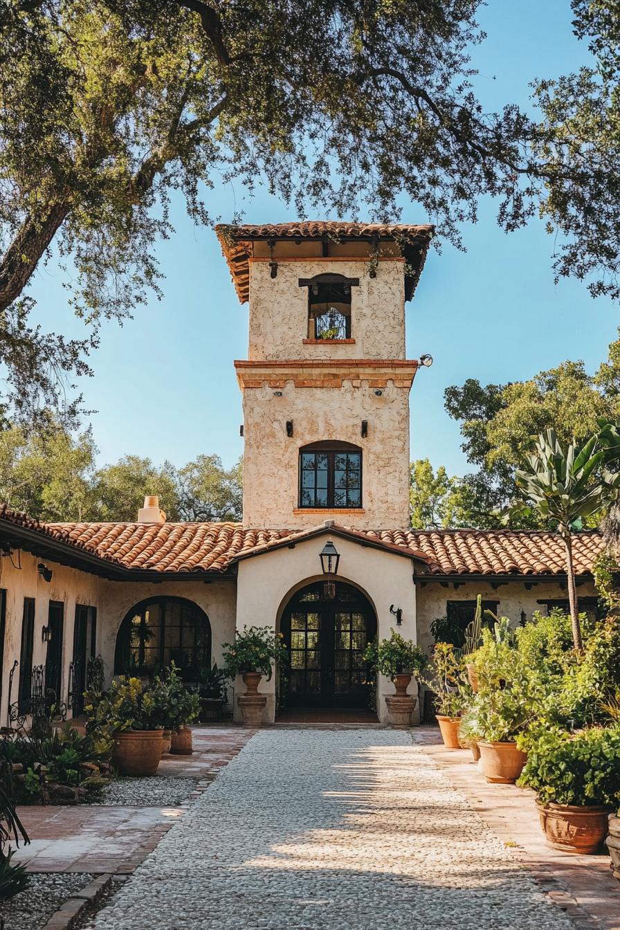 Charming villa with a central tower surrounded by lush plants