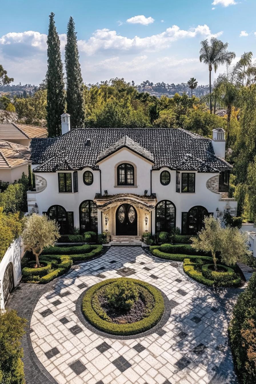 Elegant mansion with circular driveway and lush greenery