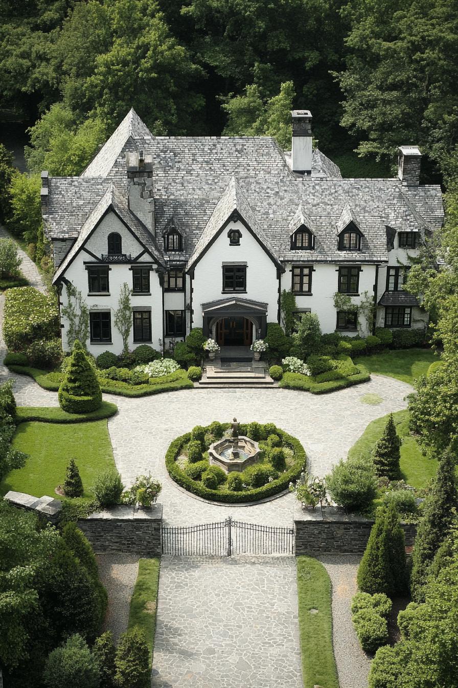 Elegant mansion with manicured gardens and a central fountain