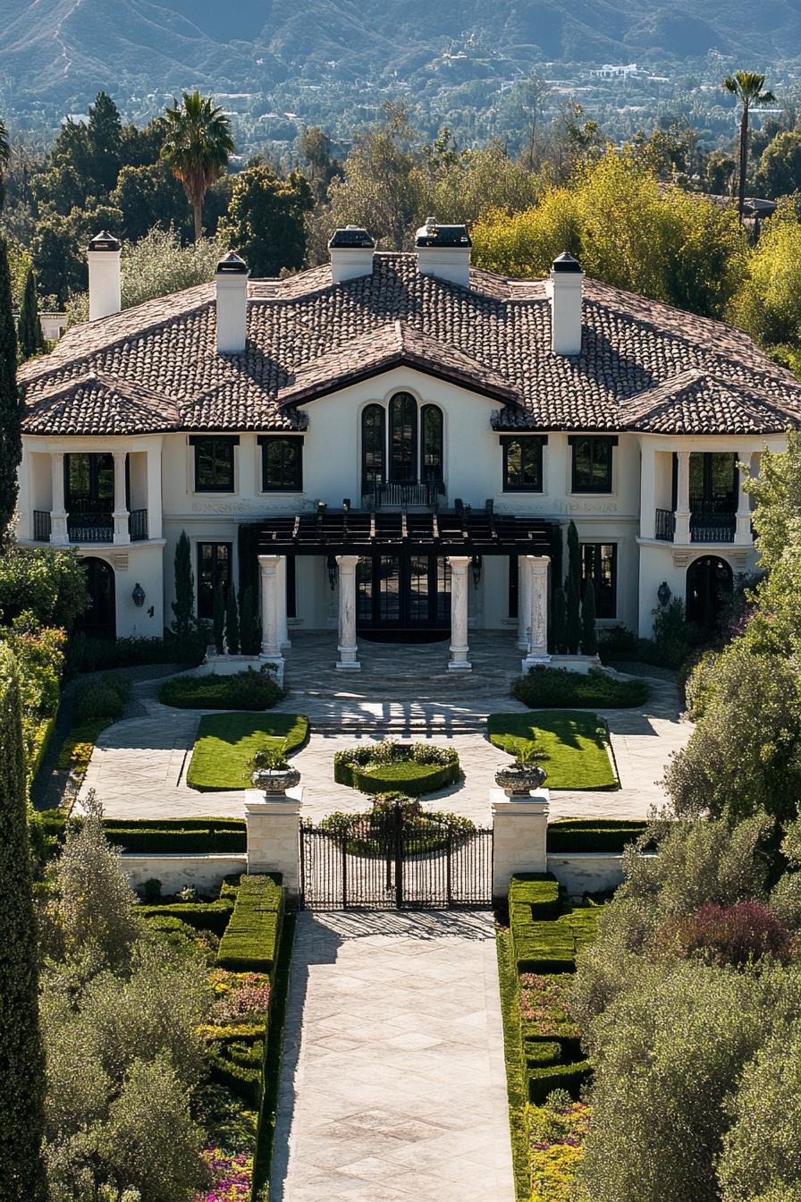 Grand Estate with Columns and Manicured Gardens