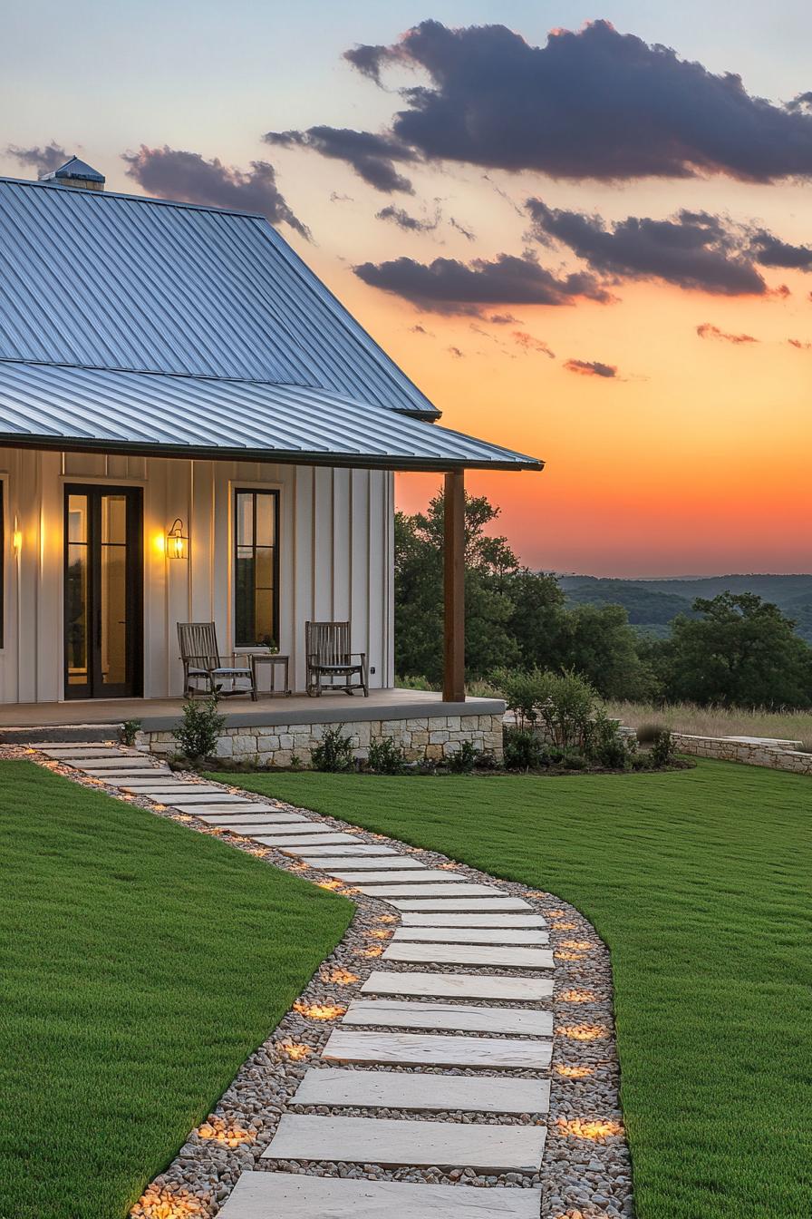 Barndominium with a sunset view, lush lawn, and cozy porch