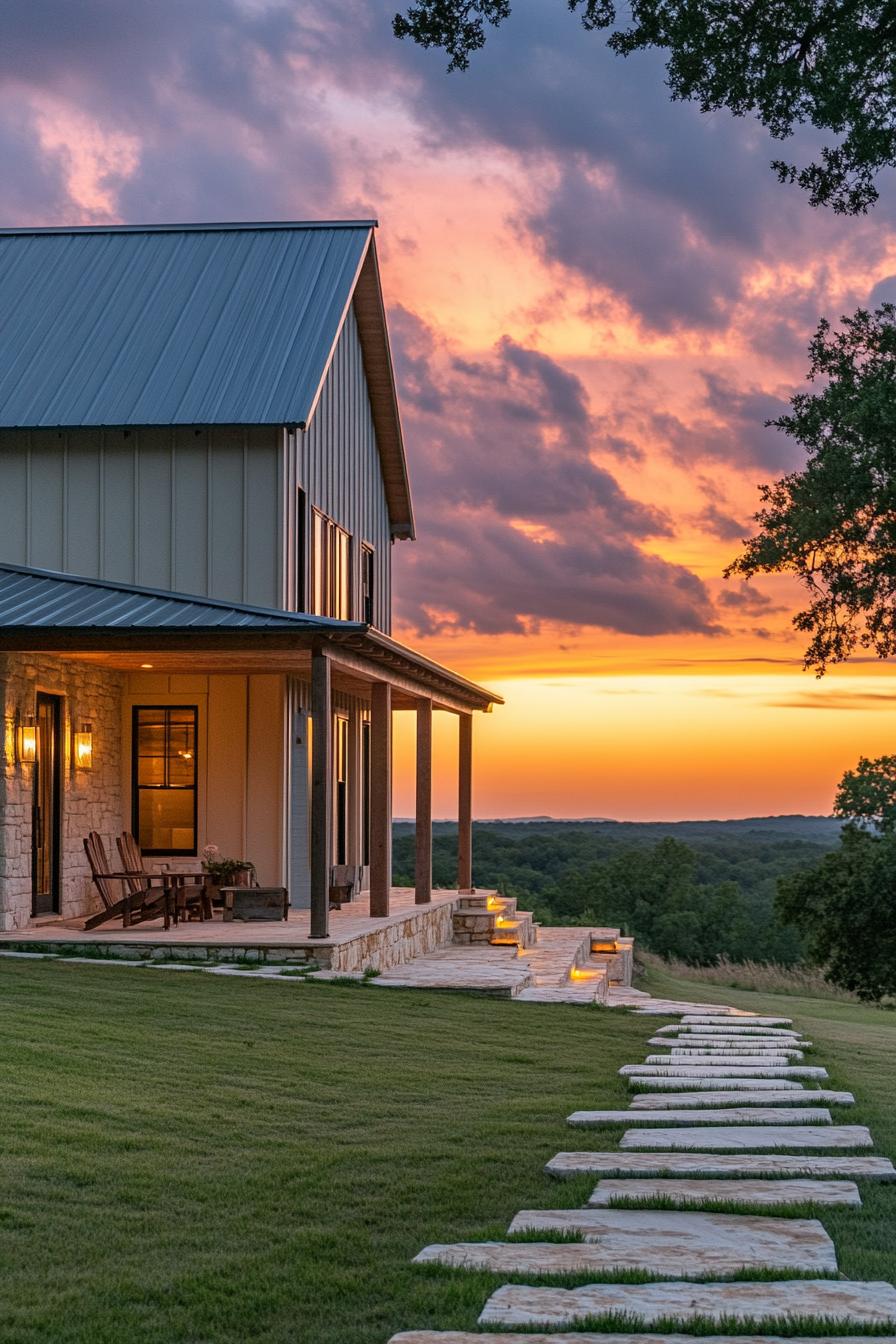 Barndominium with a picturesque sunset background