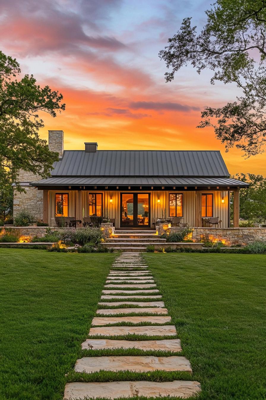 Cozy cottage at sunset with vibrant skies