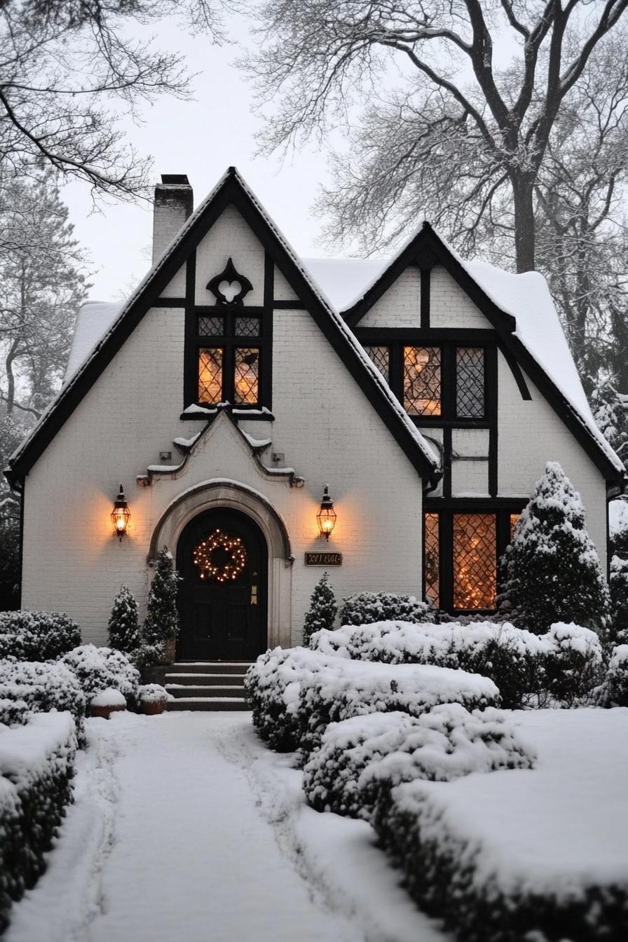 Snow-covered Tudor house with glowing windows